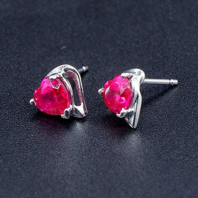10ct White Gold Stud Earrings with Heart Shaped Created Ruby, 0.8g
