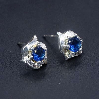 14ct White Gold, Blue Paste and CZ Stud Earrings 2.1g