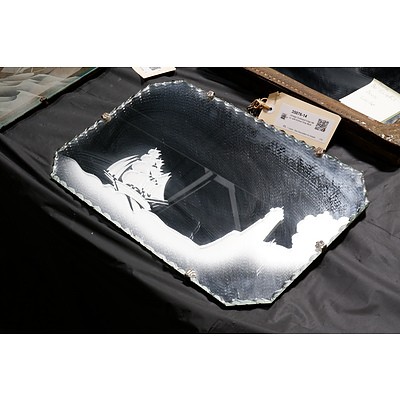 Vintage Scalloped Edge Mirror with Etched Ship Motif