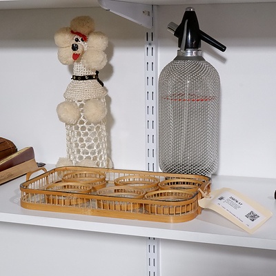 Vintage Mesh Covered Soda Siphon, Crocheted Dog Bottle, Cane Tray and Coaster Set with Embedded Butterflies