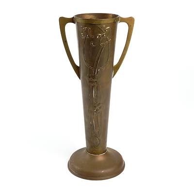 Art Nouveau Hales Brass Twin Handled Pedestal Vase with Floral Motif