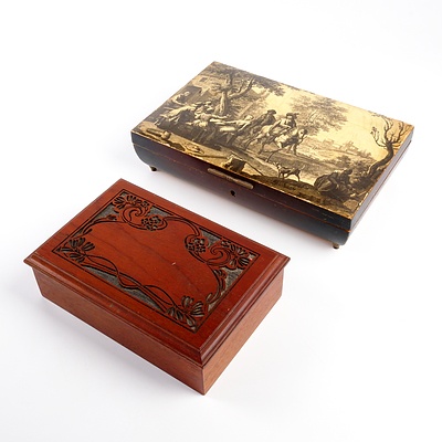 Vintage Jewellery Box with Victorian Scene Print on Lid and a Vintage Cedar Chip Carved Box (2)
