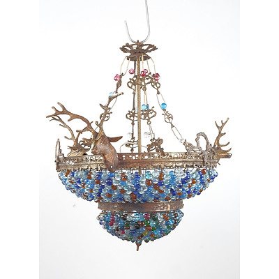 Antique Style Brass and Glass Bead Pendant Chandelier with Stag Head Adornments