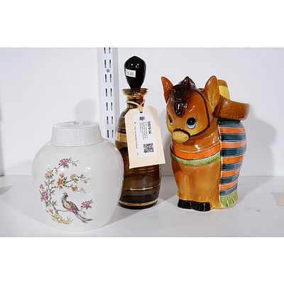 Art Deco Glass decanter, Retro japanese Porcelain Donkey Cookie Jar and an English Ginger Jar (3)