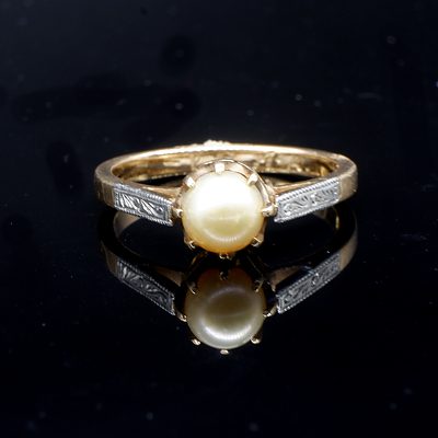 18ct Yellow Gold Ring with Round Cultured Pearl, Dark Creme, 2.9g