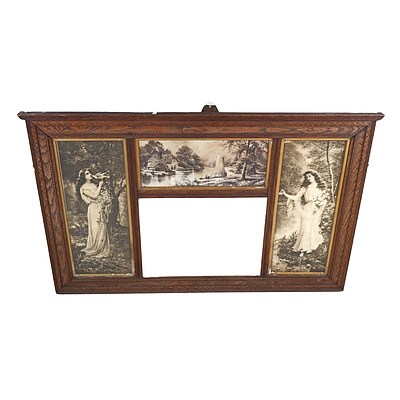 Antique Oak Framed Wall Panel with Three Victorian Style Panels and a Clear Glass Panel