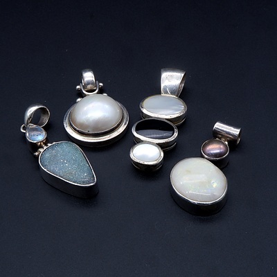 Sterling Silver Pendants, Freshwater Pearl and Opal, Onyx and Mother of Pearl, Druzy Quartz, and Mabe Pearl