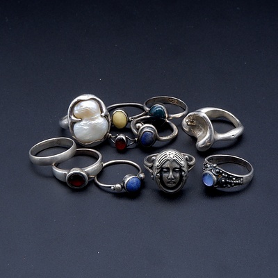 Collection of Sterling Silver Rings with Garnet, Bloodstone, Lapis, Ivory, Mother of Pearl and More 