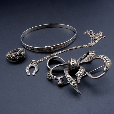 Sterling Silver Bangle, Sterling Silver and Marcasite Brooch and Ring, 