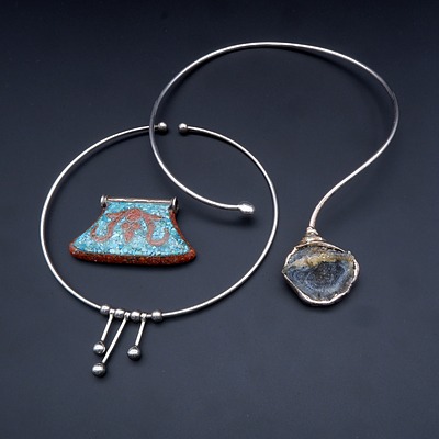 Two Silver Necklets One with Druzy Quartz, and a Chalcedony and Turquoise Pendant 