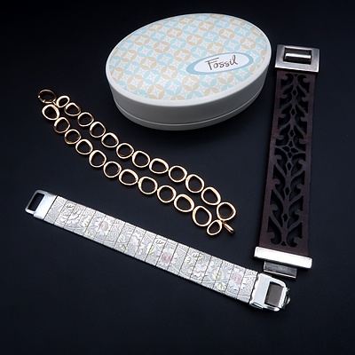 Three Decorative Bracelets, Leather, Three Tone Metal