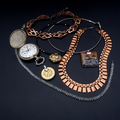 Collection of Costume Jewellery, Including Murano Glass Pendant on Sterling Necklet, Pocket Watch, Waltham Watch Pendant