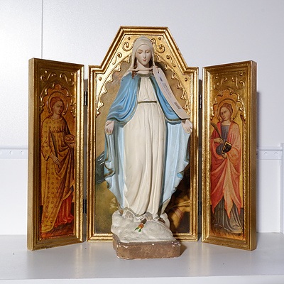 Reproduction Triptych Icon Panel in Gilded Frame and a Vintage Pottery Madonna Statuette