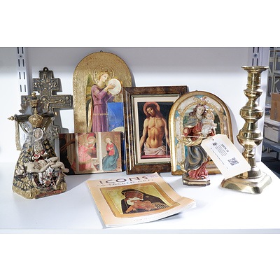 Selection of Religious Items Including Brass, Eclesiastical Candlestick and Ethiopian Orthodox Crucifix