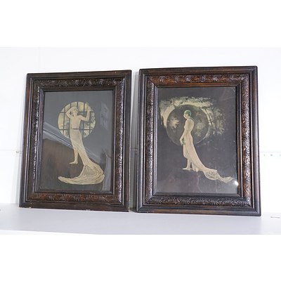 Two Vintage Art Noveau Fashion Prints in Pressed Kauri Pine Frames