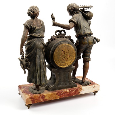 Antique French Japy Freres Figural Bronze and Marble Mantle Clock