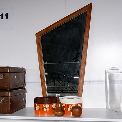 Retro Style Rosewood Framed Mirror, Retro Canisters and Wooden Fruit Salt and Pepper Shakers