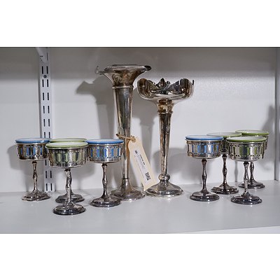 Set of Eight Ceramic Ramekins on Silverplate Stands and Two Silverplate Epergnes