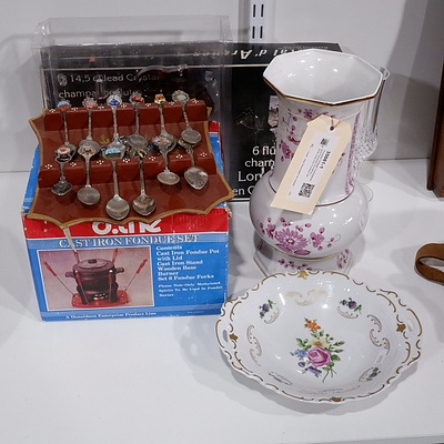 Assorted Vintage Homewares and Porcelain including 1970s Cast Iron Fondue Set