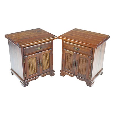 Pair of Vintage Stained Pine Bedsides with Drawer and Rattan Panel Doors