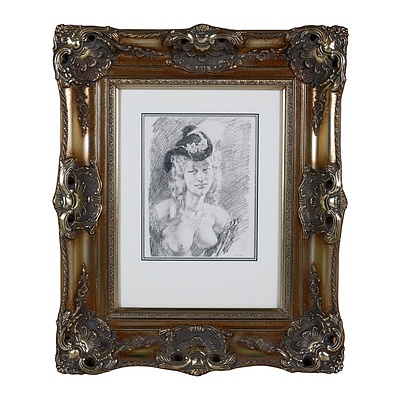 Framed Norman Lindsay Reproduction Print, Untitled (Nude with Hat)