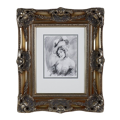 Framed Norman Lindsay Reproduction Print, Untitled (Lady with Feathered Hat)