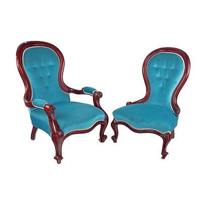Reproduction Victorian Mahogany Grandfather and Grandmother Chairs inTeal Upholstery