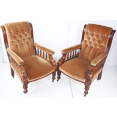 Pair of Reproduction Victorian Mahogany Grandfather Chairs with Tan Fabric Button Back Upholstery