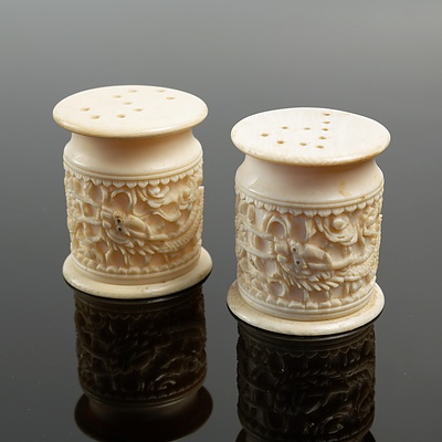 Set of Antique Chinese Ivory Salt and Pepper Shakers with Carved Dragon Decoration