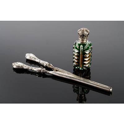 Antique Hair Tongs with Sterling Silver Handles and a Cut Glass Perfume Bottle with Sterling Silver Mount