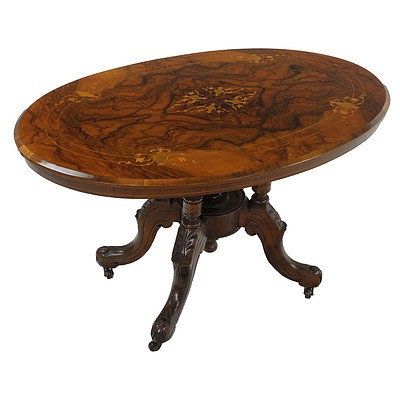 Victorian Mahogany and Burr Walnut Tilt Top Low Table with Decorative Carved Pedestal Base and Inlaid decoration