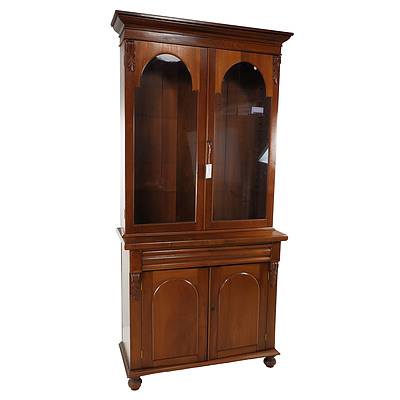 Australian Cedar Bookcase Cabinet with Single Drawer,Two Shield Doors Below,Glass Doors Above and Four Wooden Shelves