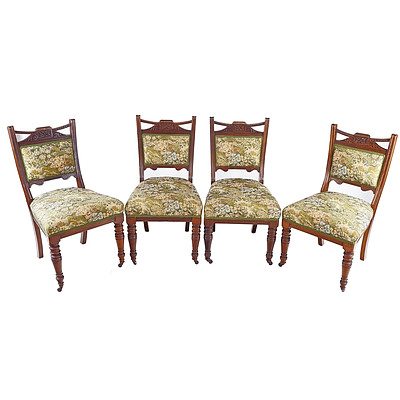 Set of Four Edwardian Oak Dining Chairs with Tapestry Fabric Upholstry