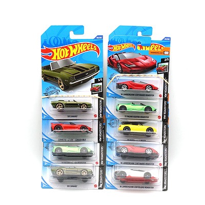 Nine Boxed Hot Wheels HW Roadsters Model Cars, Including 69 Camino, 91 Mazda MX-5 Miata