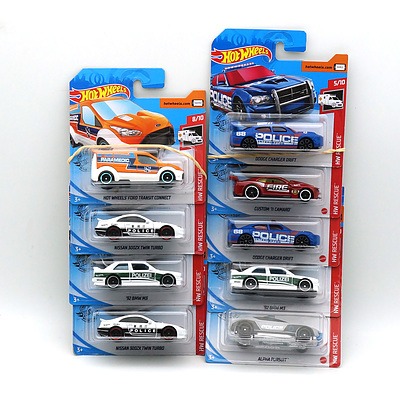 Nine Boxed Hot Wheels HW Rescue Model Cars, Including 92 BMW M3, Dodge Charger Drift and More