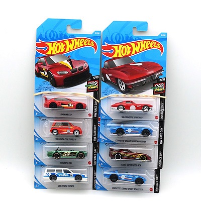 Eight Boxed Hot Wheels HW Race Day Model Cars, Including 64 Corvette Sting Ray, Corvette Grand Sport Roadster and More