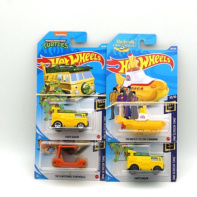 Four Boxed Hot Wheels HW Screen Time Model Cars, Including The Beatles Yellow Submarine