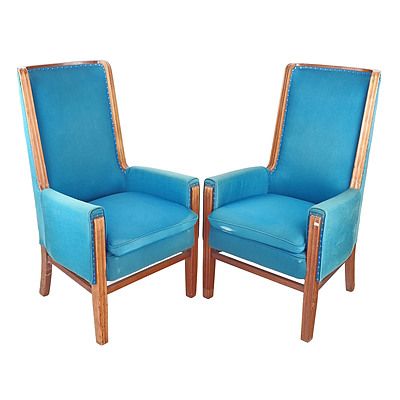 Pair of Vintage Timber Framed Armchairs with Blue Fabric Upholstery Ex Royal Australasian College of Physicians