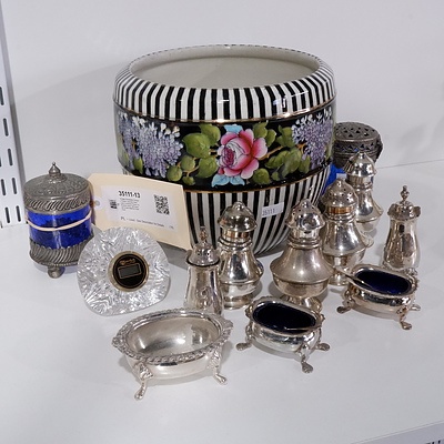 Vintage Grimwades Porcelain Planter, Assorted Silverplate Condiment Pieces, Hallmarked Silver Salt Spoon and Small Waterford Desk Clock