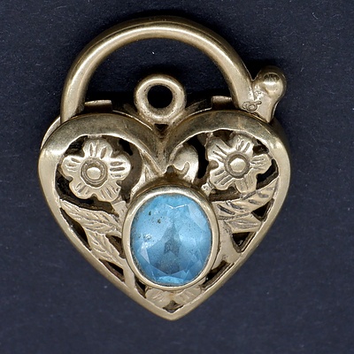 9ct Yellow Gold Filigree Heart Lock with Oval Blue Topaz, 6.25g