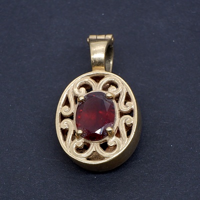 9ct Yellow Gold Filigree Oval Box Enhancer with Oval Red Garnet, 4.6g