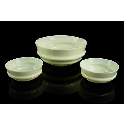 Art Deco Uranium Milk Glass Serving Bowl with Two Smaller Matching Bowl (3)