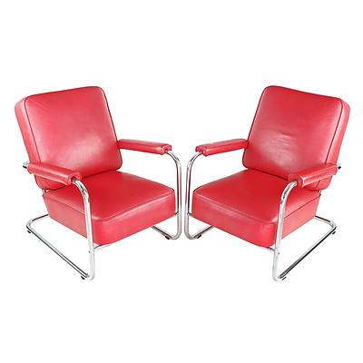 Pair of Tubular Steel and Red Leather Upholstered Cantilever Armchairs