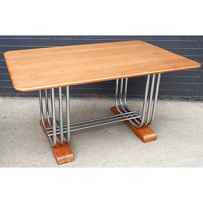 Art Deco Chromed Tubular Steel Dining Table with Later Solid Ash Top