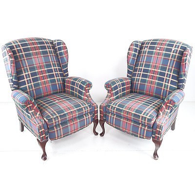 Pair of Moran Tartan Fabric Upholstered Wingback Reclining Armchair