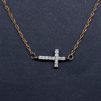 10ct Yellow Gold Cross Pendant with 12 Single Cut Diamonds on Fine 14ct Gold Plated Chain