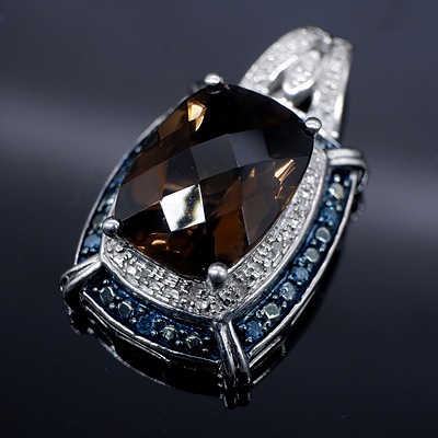 Sterling Silver Pendant with Cushion Shaped Facetted Top Smoky Quartz, Single Cut Diamonds and Treated Blue Diamond