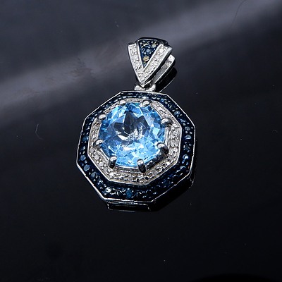 Sterling Silver Octagonal Shaped Pendant with Round Facetted Blue Topaz, Single Cut Diamonds and Treated Blue Diamond
