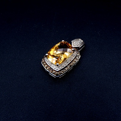 Sterling Silver Pendant with Cushion Shaped Facetted Top Orange Citrine, Uncut Diamonds and Treated Yellow Diamond