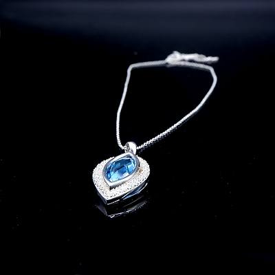Sterling Silver Pendant with Marquise Shapes Facetted Top Pale Blue Topaz and CZ